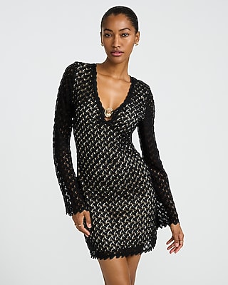 Crochet V-Neck Long Sleeve Gold Hardware Mini Sheath Dress