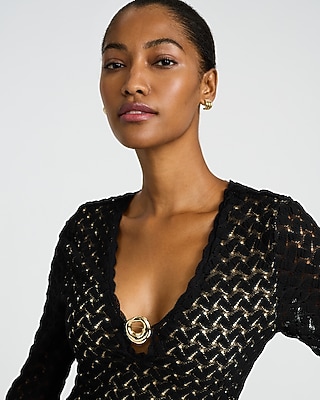 Crochet V-Neck Long Sleeve Gold Hardware Mini Sheath Dress
