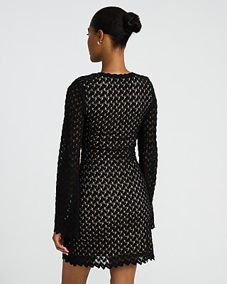 Crochet V-Neck Long Sleeve Gold Hardware Mini Sheath Dress