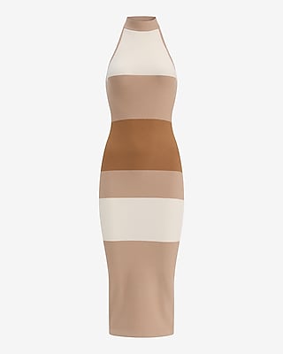 Striped Tie Halter Midi Sheath Sweater Dress