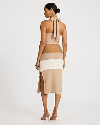 Striped Tie Halter Midi Sheath Sweater Dress
