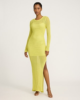Crochet Crew Neck Long Sleeve Maxi Dress | Express