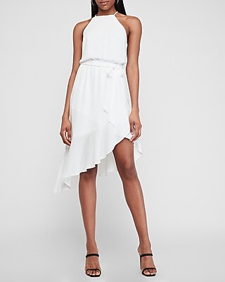 High Neck Asymmetrical Ruffle Wrap Midi 