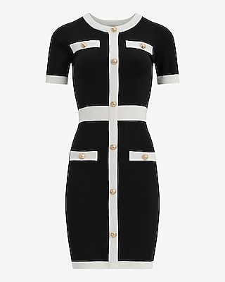 Tipped Crew Neck Novelty Button Mini Sweater Dress