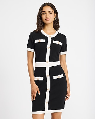 Tipped Crew Neck Novelty Button Mini Sweater Dress