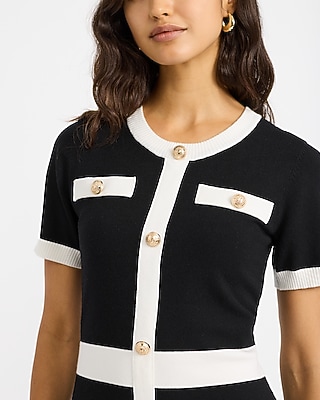 Tipped Crew Neck Novelty Button Mini Sweater Dress