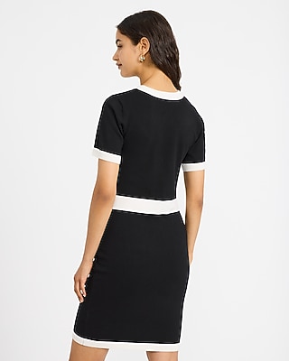 Tipped Crew Neck Novelty Button Mini Sweater Dress