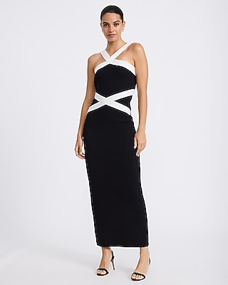 Color Block Crew Neck Belted Midi Dress | Express