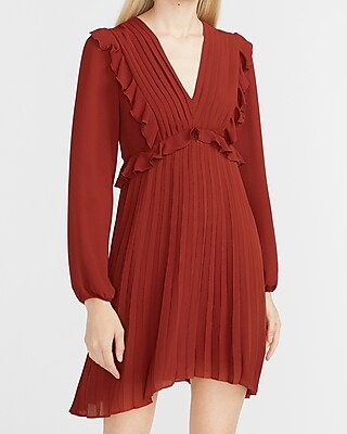 tie neck rose red long sleeve pleated dress