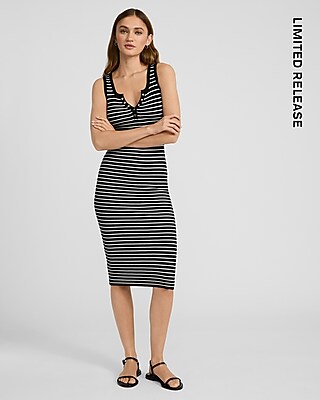 Striped Ribbed Henley Sleeveless Midi Sheath Dress