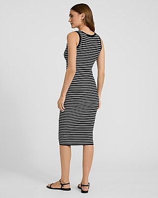 Striped Ribbed Henley Sleeveless Midi Sheath Dress