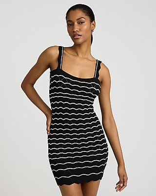Crochet Striped Square Neck Mini Sweater Dress