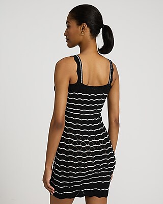 Crochet Striped Square Neck Mini Sweater Dress