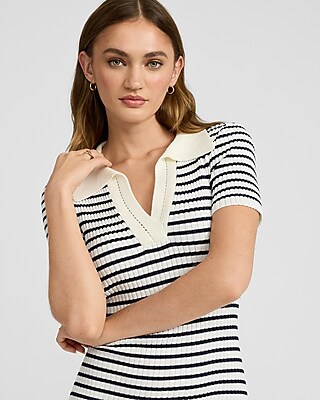Striped Ribbed V-Neck Short Sleeve Midi Polo Sheath Dress