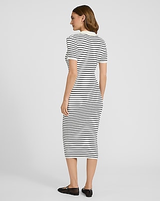 Striped Ribbed V-Neck Short Sleeve Midi Polo Sheath Dress