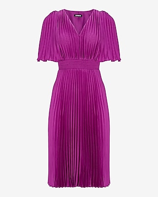 Pleated V-Neck Midi Dress