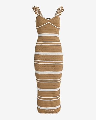 Crochet Striped V-Neck Flutter Sleeve Maxi Sheath Dress