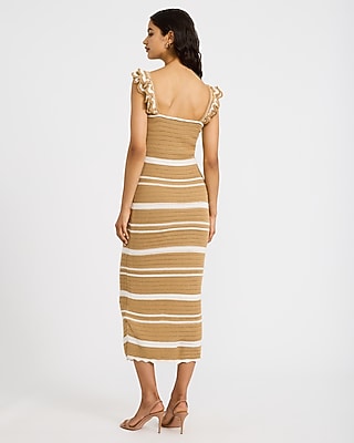 Crochet Striped V-Neck Flutter Sleeve Maxi Sheath Dress