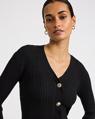 Ribbed V-Neck Long Sleeve Novelty Button Midi Sheath Dress