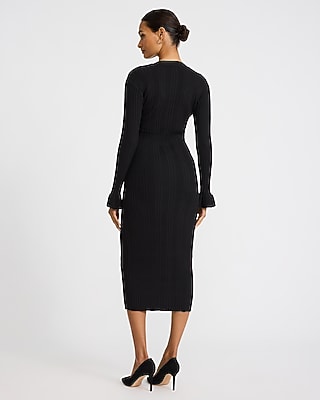 Ribbed V-Neck Long Sleeve Novelty Button Midi Sheath Dress