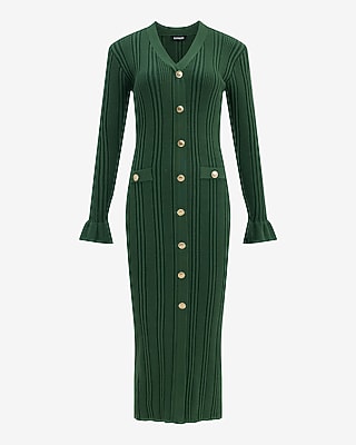 Ribbed V-Neck Long Sleeve Novelty Button Midi Sheath Dress