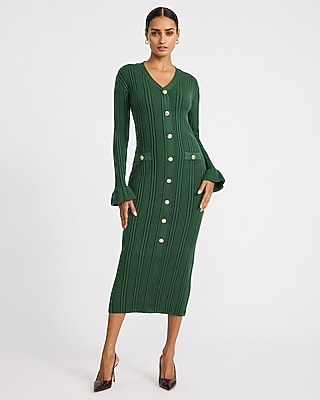 Ribbed V-Neck Long Sleeve Novelty Button Midi Sheath Dress