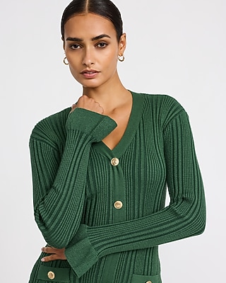 Ribbed V-Neck Long Sleeve Novelty Button Midi Sheath Dress