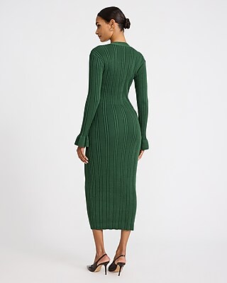 Ribbed V-Neck Long Sleeve Novelty Button Midi Sheath Dress