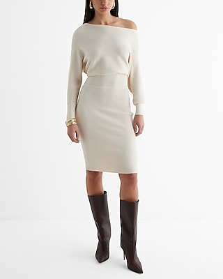 Ribbed Off The Shoulder Long Sleeve Mini Sweater Dress