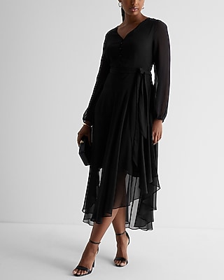 EX - CHAUS LONG SLV V NK TIE WAIST MIDI - 940161660:PITCH BLACK:S