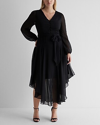EX - CHAUS LONG SLV V NK TIE WAIST MIDI - 940161660:PITCH BLACK:S
