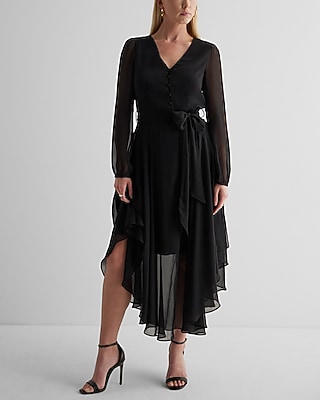 EX - CHAUS LONG SLV V NK TIE WAIST MIDI - 940161660:PITCH BLACK:S