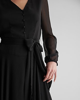 EX - CHAUS LONG SLV V NK TIE WAIST MIDI - 940161660:PITCH BLACK:S