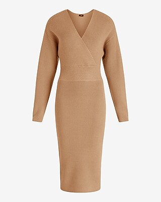 Ribbed V-Neck Surplice Midi Sweater Dress
