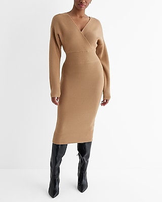 Ribbed V-Neck Surplice Midi Sweater Dress