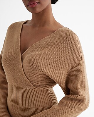 Ribbed V-Neck Surplice Midi Sweater Dress