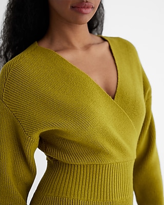 Ribbed V-Neck Surplice Midi Sweater Dress