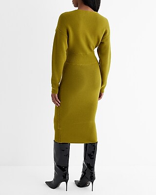 Ribbed V-Neck Surplice Midi Sweater Dress