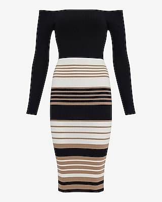 Striped Off The Shoulder Long Sleeve Midi Sweater Dress