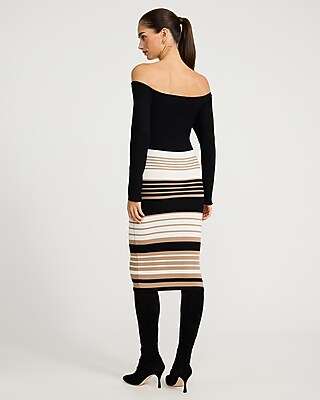 Striped Off The Shoulder Long Sleeve Midi Sweater Dress