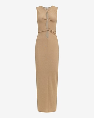 Metallic Crew Neck Twist Cutout Maxi Sheath Dress
