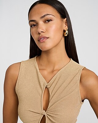Metallic Crew Neck Twist Cutout Maxi Sheath Dress