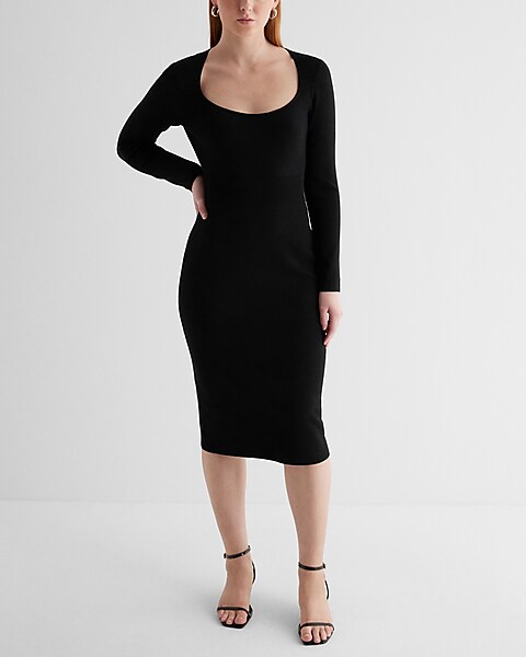 Express, Ruched Long Sleeve Bodycon Dress in Pitch Black