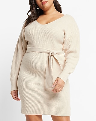 V-neck Long Sleeve Belted Sweater Dress | Express