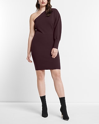 One Shoulder Long Sleeve Mini Sheath Sweater Dress