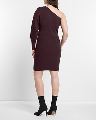 One Shoulder Long Sleeve Mini Sheath Sweater Dress