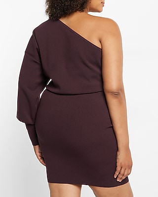 One Shoulder Long Sleeve Mini Sheath Sweater Dress