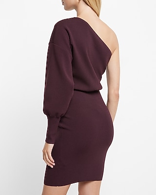 One Shoulder Long Sleeve Mini Sheath Sweater Dress