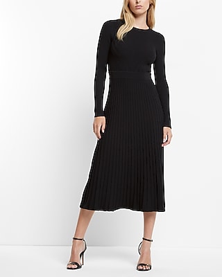 Long Sleeve Pleated Ribbed Midi Sweater Dress