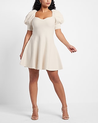 Sweetheart Neckline Puff Sleeve Mini Sweater Dress